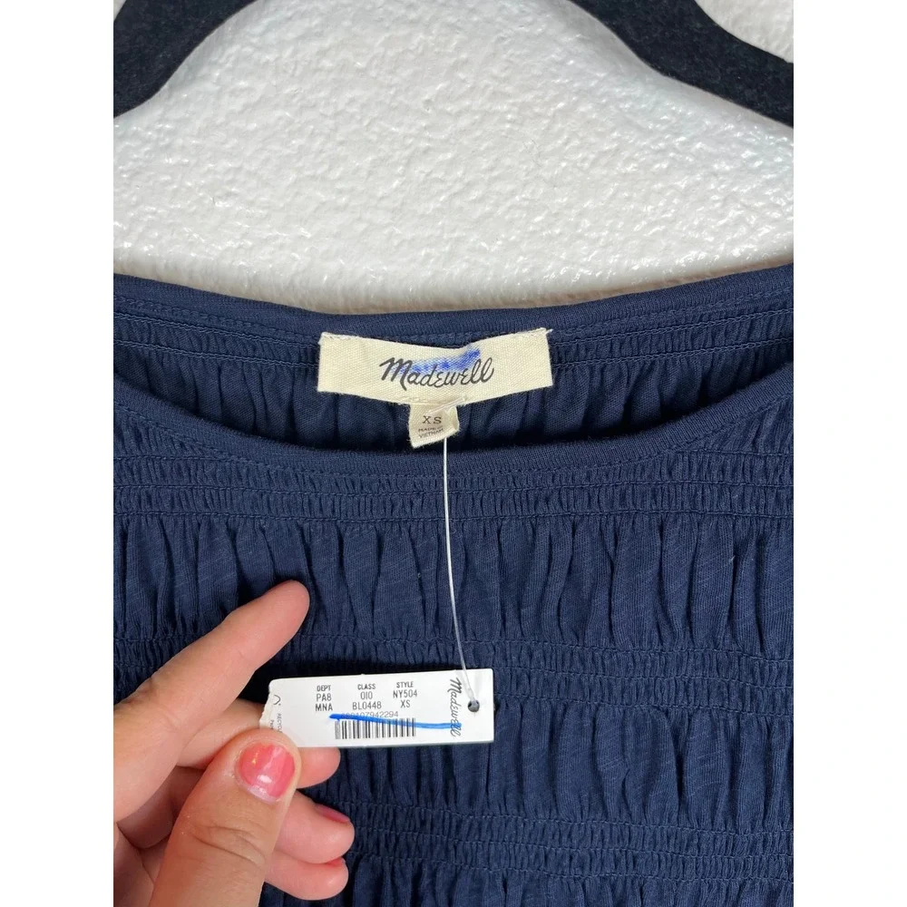 NWT Madewell Smocked Boatneck Top Midnight Navy Long Sleeve Extra Small
